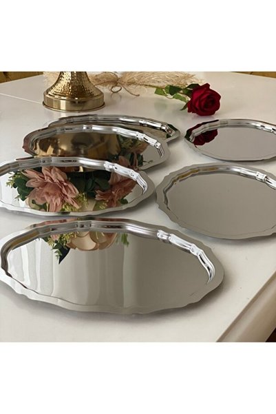 MAHUR HOME 20*25 Cm Stainless Steel Oval Wavy Model 6-Piece Service and Presentation Tray 20*25 Cm
