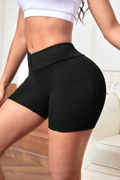 ROSAMİNA Women's Diver Fabric Black Short Sports Leggings with Pockets