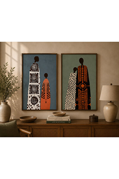 Boho wellness studio – African Family Folk Art Ahşap Çerçeveli Tablo Seti