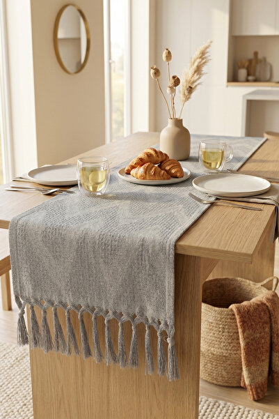 cottoncloth Zigzag Patterned Textured Tasseled Tablecloth Decorative Living R...