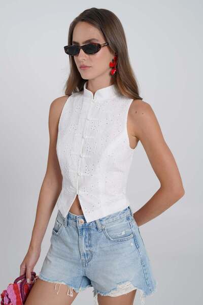 Thalure Kadın Beyaz Fisto İşlemeli Slim Fit Yelek