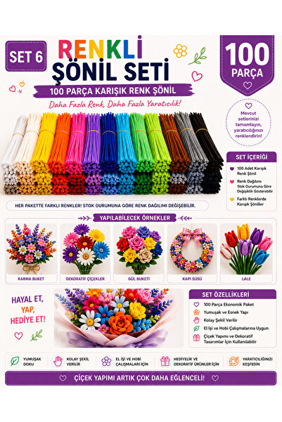 Akkaymak Sönil Setleri SET 6 - RENKLİ ŞÖNİL SETİ 100 Parça