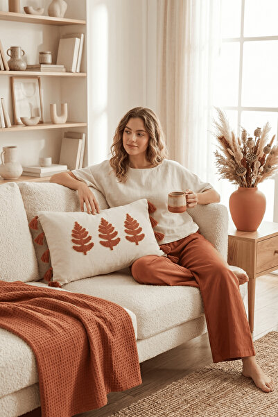morlina home Ağaç Desenli Punch Nakışlı Püsküllü Dekoratif Pamuk Kırlent Kılı...