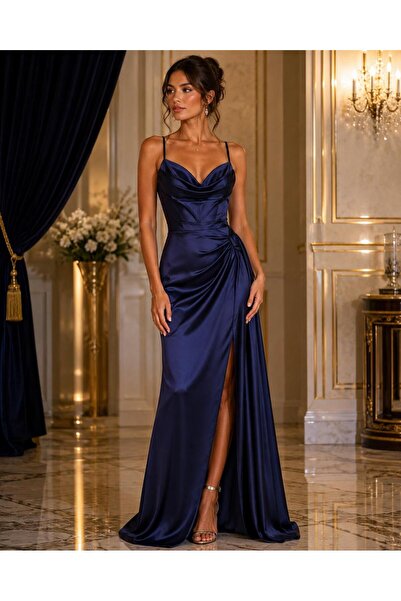 renk abiye Long Evening Dress with Degaje Collar and Slits 5118