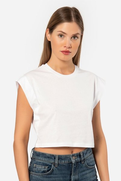 TÜREN Kadın Vatka Görünümlü Crop T-shirt 3402/Beyaz