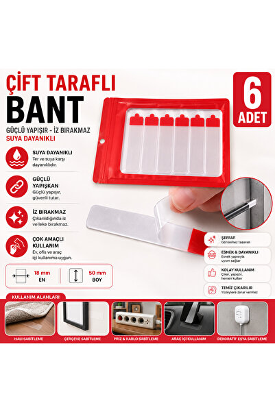 Genel Markalar 1 Adet (6'lı) 50x18 mm Şeffaf Çift Taraflı Bant Suya Dayanıklı...