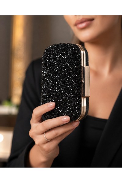 Ayhan Kundura Evening Dress Bag Black Shiny Prom Evening Bag with Stones