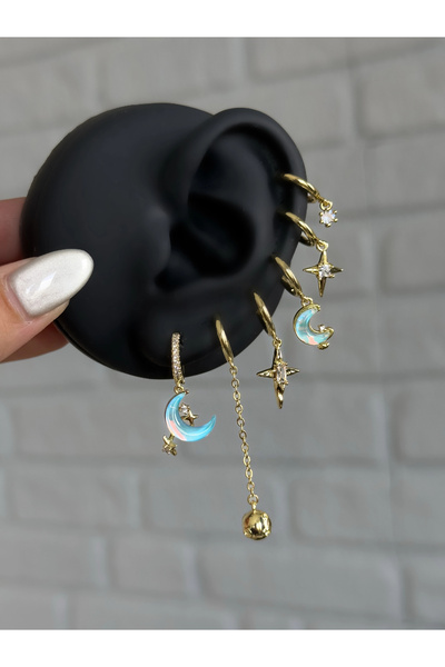 h&b design jewel Steel Gold Hologram Crescent Detail 6-Piece Earring Set