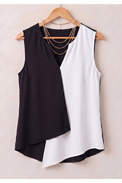 Little Visqon Women's Sleeveless V-Neck Color Block Imported Crepe Blu