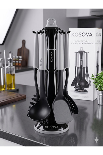 OEM Kosova 6 Parça Stantlı Naylon Servis Seti - Siyah Gri Kepçe Spatula Takımı
