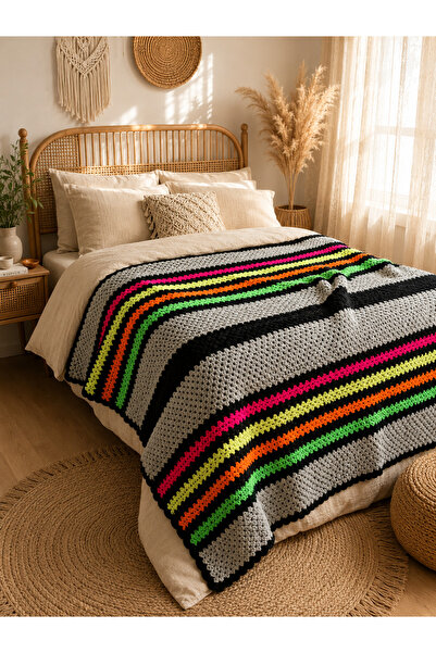 BY AKTEPE STORE El Yapımı Granny Square Motifli Tek Kiişilik Örgü Battaniye –...