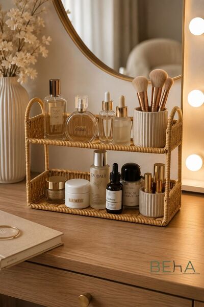 BehaHome 2 Katlı El Yapımı Hasır Görünümlü Rattan Organizer Raf – Makyaj Masa...