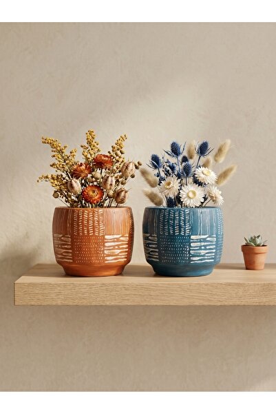 mora store 2'li Antik Desenli Turuncu Mavi Beton Saksı 12,5x11 Cm | Modern Ev...