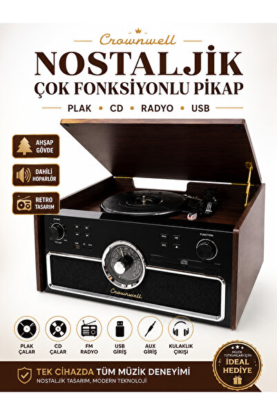 crownwel Crownwell Nostaljik Pikap Plak Çalar CD Çalar FM Radyo USB Destekli ...