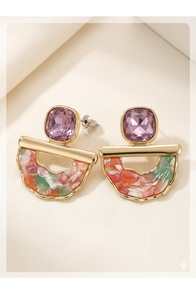kasımoğulları concept Luxurious Geometric Earrings with Cubic Pink Crystal an...