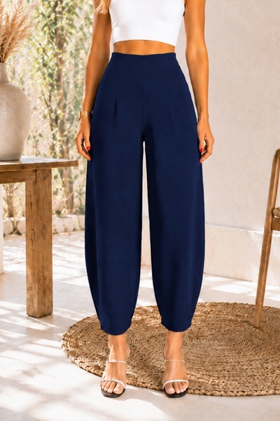 MevaMoss Pantaloni din țesătură crepe lycra, stil balon, albastru închis