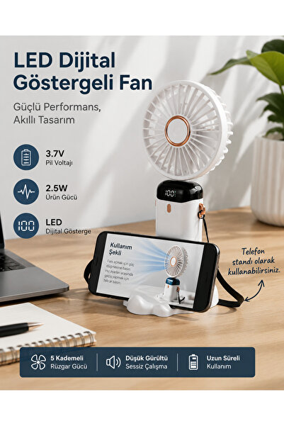 MINO TECH LED Dijital Göstergeli Taşınabilir El Fanı – 3.7V Şarjlı, Telefon S...