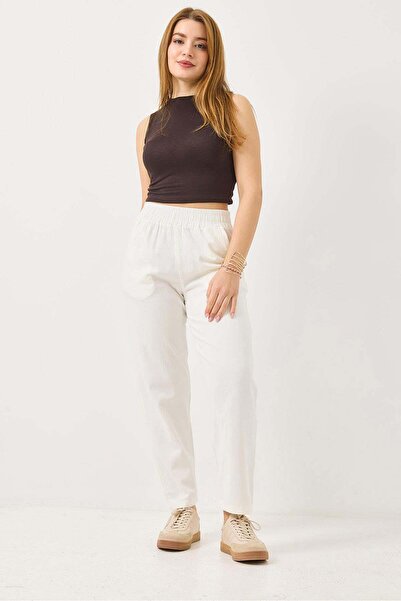 Raneel Kazançlı Alışveriş Women's Canvas Pocket Mom Pants White