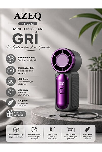 AZEQ YS-2282 Turbo El Fanı 100 Kademeli LED Ekranlı USB Şarjlı Taşınabilir Mi...