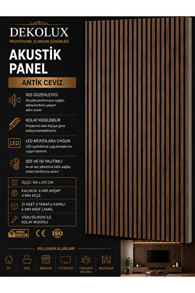 Dekolux AKUSTİK AHŞAP PANEL ANTİK CEVİZ RENGİ 100*275