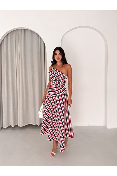 SBL COLLECTİON Asymmetrical Striped Linen Fabric Midi Women's Dress