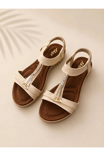 Mergenshoes Akç A26 Bej Günlük Taşlı Kadın Sandalet Ayakkabı
