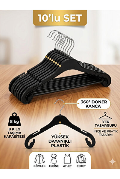 BERAT PLASTİK 10 lu elbise,tişört,gömlek askısı 360 döner kanca fiyat -premiu...