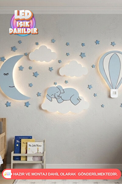 UmayBabyDekor 5’li Set Çocuk Duvar Dekorasyonu Ledli Ahşap Duvar Süsü