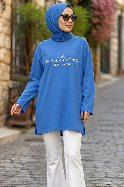 İmajButik Blue Crew Neck Printed Single Jersey Tunic