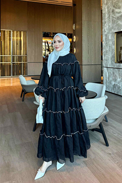 İmajButik Black Balloon Sleeve Waist Tie Dress