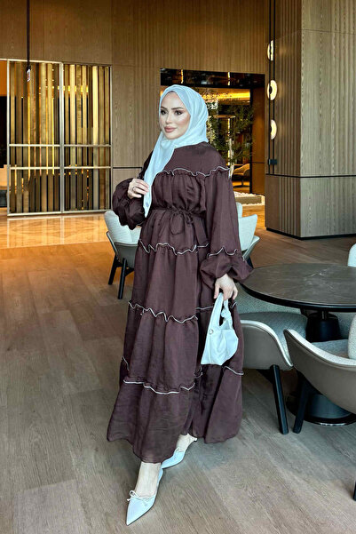 İmajButik Brown Balloon Sleeve Waist Tie Dress