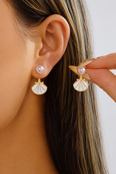 TREND COLLECTİON Pink Seashell Figured Pearl Detailed Gold Dangle Earrings