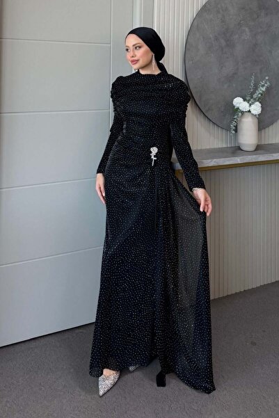 Şulemoda Giyim Lal Stone Draped Evening Dress Black