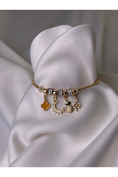 NB STEELORA Crescent and Pineapple Charm Detailed Zircon Stone Women's Bracelet