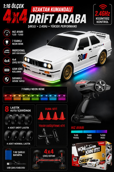 Get's On Oyuncak Şarjlı 30 Km Hız Yapan Hız Ayarlı 4x4 BMW e30 2.4 Ghz Uzaktan Kumandalı Drift Arabası 7 Farklı Neon Işık