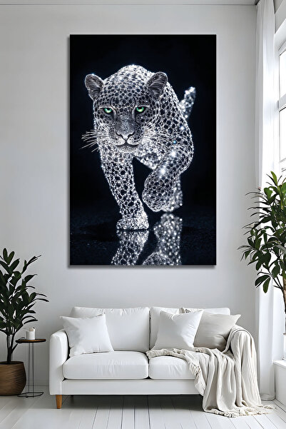 Parıltı Yayınları Pırlanta Efektli Gümüş Leopar Tablo Dekoratif Cam Tablo Lux...
