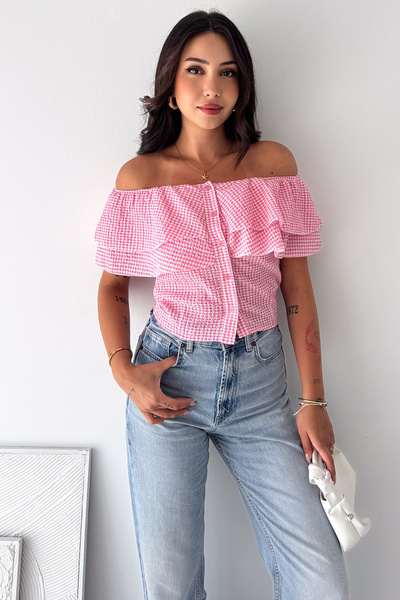 Noa&Noa Women's Gingham Patterned Madonna Collar Crop Blouse with Ruffle Deta...