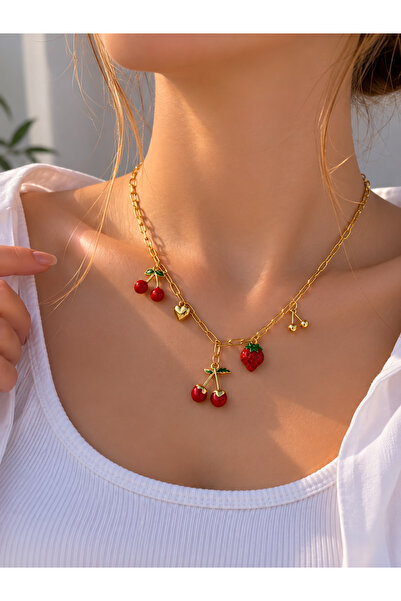Lilith Takı 🍒   Gold Color Necklace with Strawberry and Cherry Figures – the...