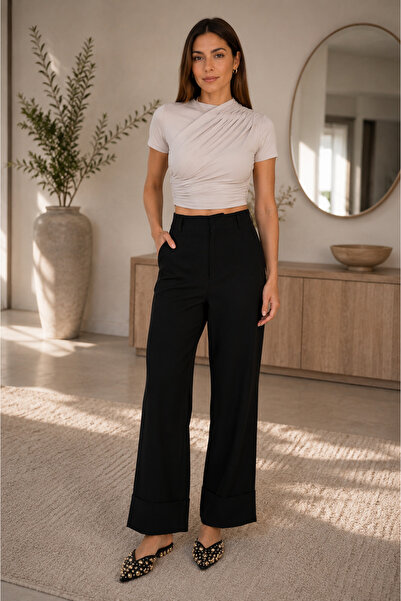 BAHNUR Women's Black High-Waisted Wide-Leg Pants – Folded Thick-Leg Detail, D...