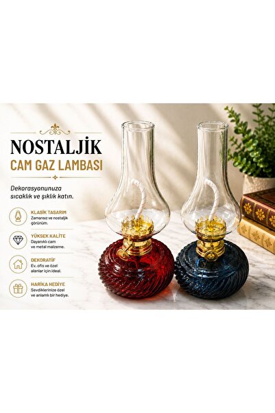 NEXVORİA Nostaljik Cam Gaz Lambası / Dekoratif Nostaljik Cam Gaz Lambası İkil...