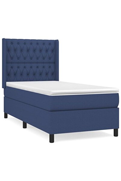 vidaxl Pat box spring cu saltea, albastru, 90 x 200 cm, textil