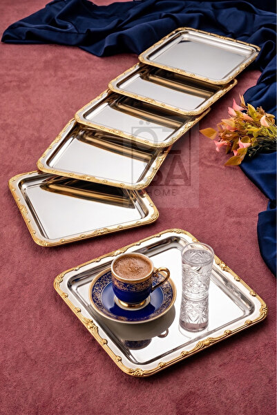 ÖzSa Home Antique Lüx 6 Adet 21 cm Paslanmaz Çelik Gümüş Renk Desenli Kare Te...