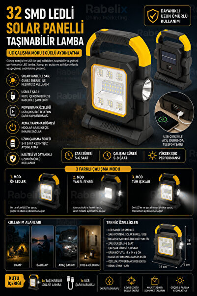 Rabelix Online Marketing 32 SMD Ledli Şarjlı Solar Kamp Lambası Powerbank Öze...