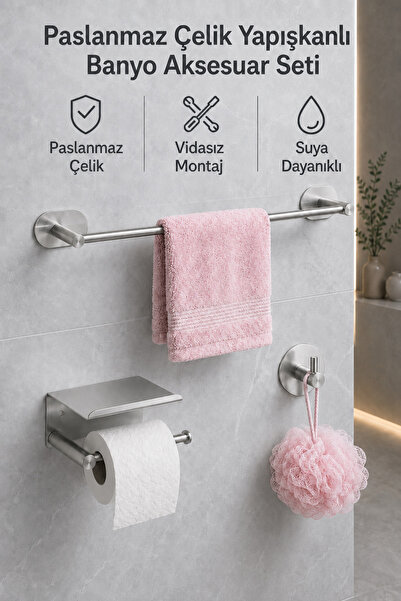 DUREVO Paslanmaz Çelik Yapışkanlı Banyo Aksesuar Seti-Havluluk - Tuvalet Kağı...