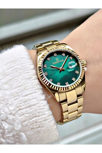 Essence Special Design Calendar Steel Watchband Gold-Green Color Women's Wris...