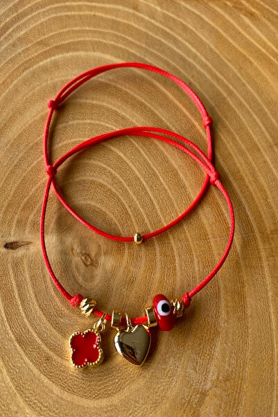 Shepidi 2-Pack Red Camo Beads Adjustable Rope Anklet with Gold Heart Object