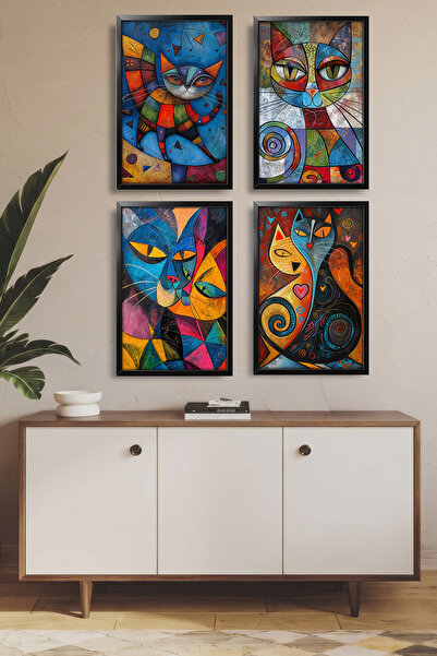 4 Parça MDF Tablo Siyah Ahşap Çerçeve Görünümlü Modern Renkli Kedi Sanatı