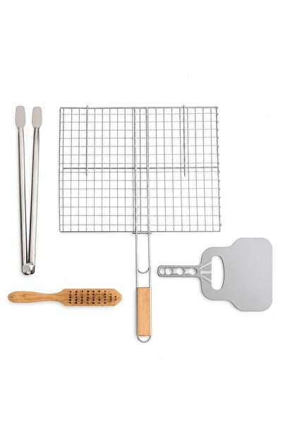 gucmetal Katlanır Mangal Tel Izgara Seti – Ahşap Saplı Grill Basket + Maşa, S...