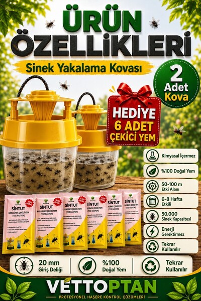 vettoptan Sinek Yakalama Kovası 2 Adet + 6 Adet Karasinek Çekici Yem Hediyeli...
