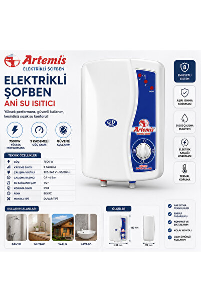 ARTEMİS Elektrikli Şofben 3 Kademeli Ani Su Isıtıcı 7500W Beyaz